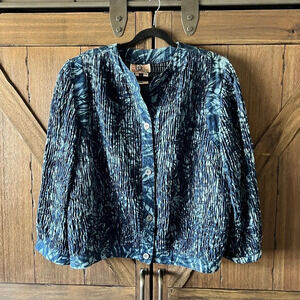 Gene Ewing Bis Vintage Boho Smocked Wrinkled Rich Denim Jacket Size Large